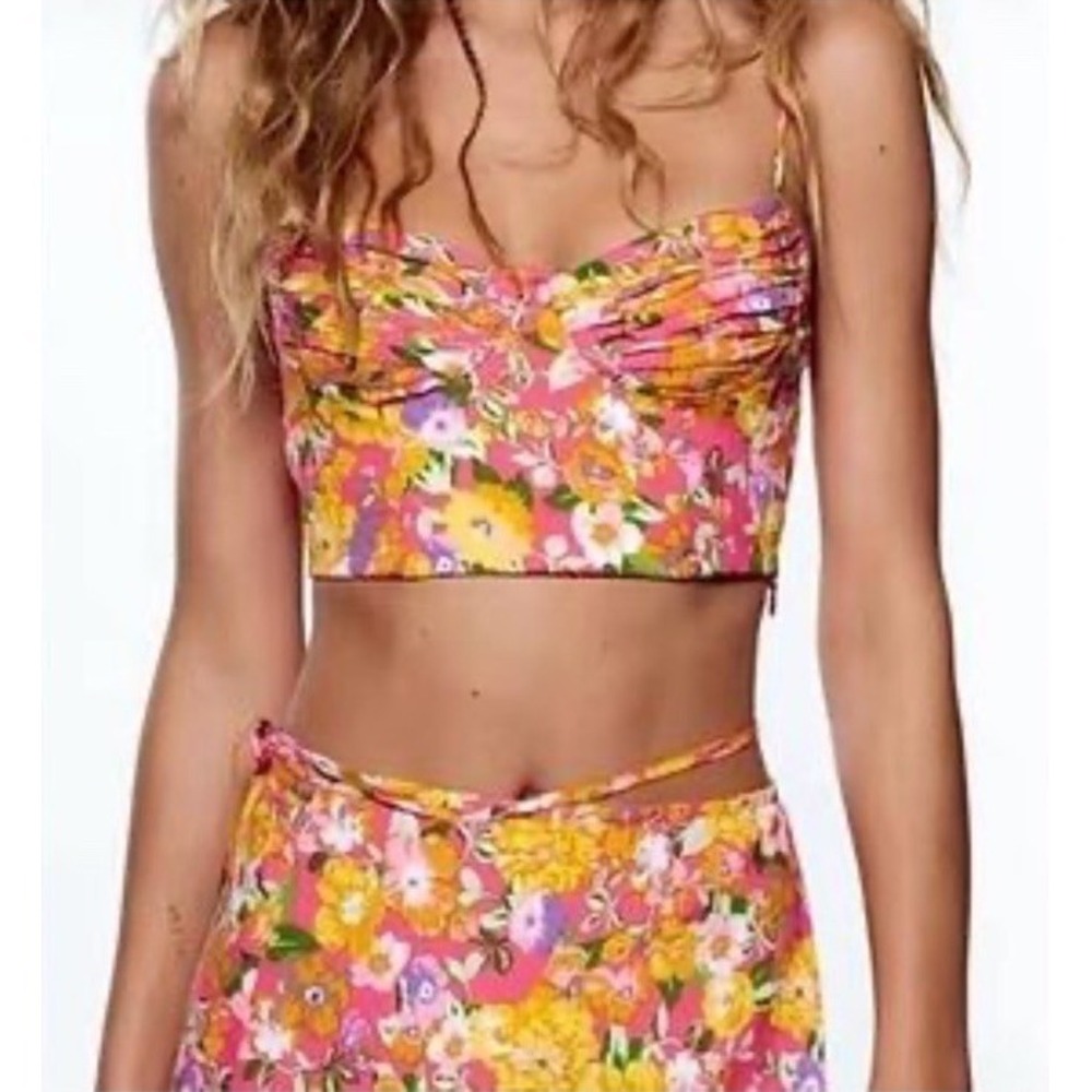 Zara Floral Crop Top Spaghetti‎ Strap multicolor Buster Size L Summer Beach